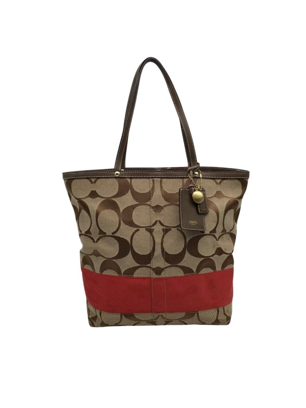 Coach Khaki & Red Signature Stripe Canvas Tote Bag 10125